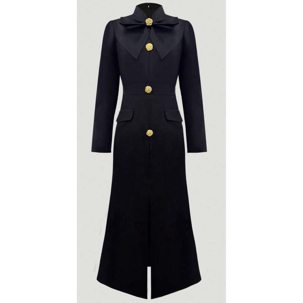 DALIA MACPHEE Black Midi Dress Gold Button Oversized Bow Mock Neck Long Sleeve M - Picture 4 of 10